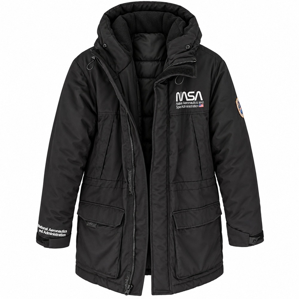 H&M Divided NASA Mens XL Black Hooded Parka Winter Jacket Space Streetwear